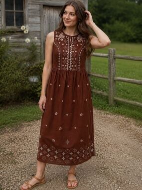 La Bellum by Hillary Scott Embroidered Maxi Dress Brown Sleeveless Boho HSN